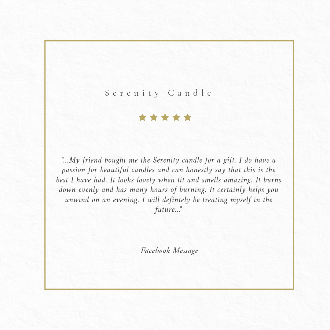 Five-star review of a Serenity Candle on a white background with gold text frame.