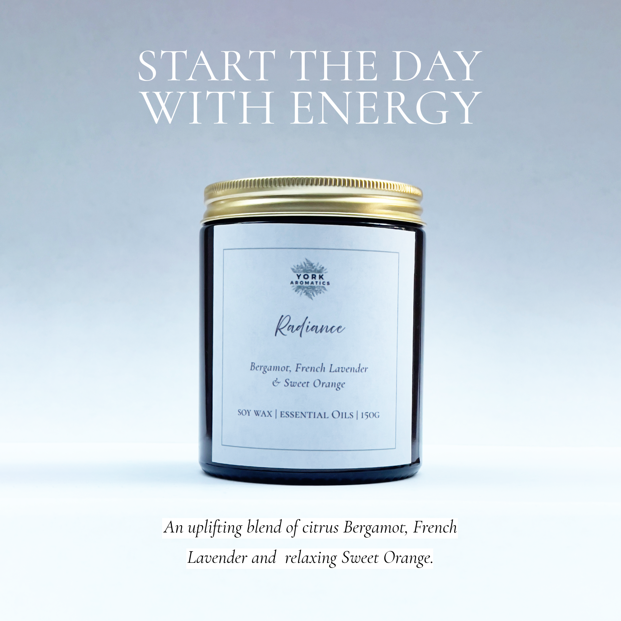 Candle jar with pure essential oils of Bergamot, French Lavender and Sweet Orange.