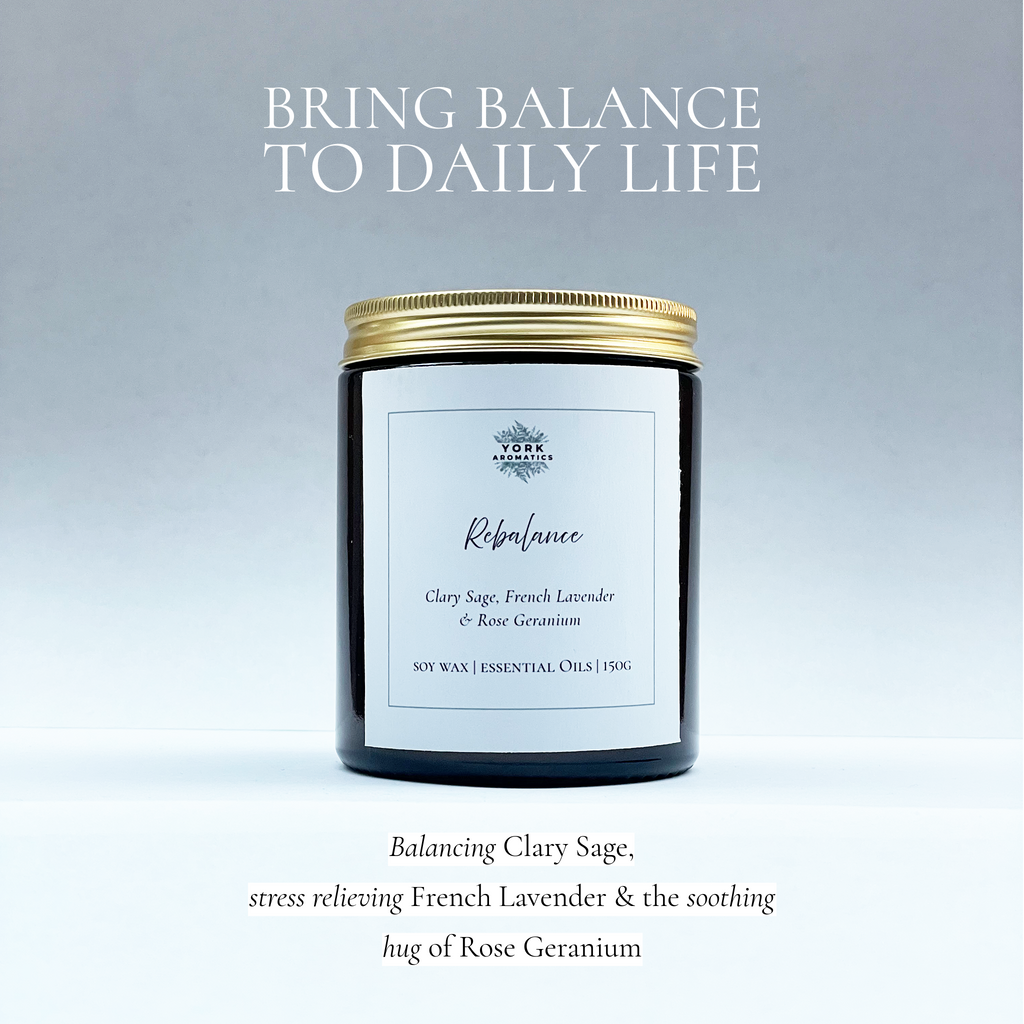 Candle rebalance, York Aromatics, Clary Sage, French Lavender and Rose Geranium.