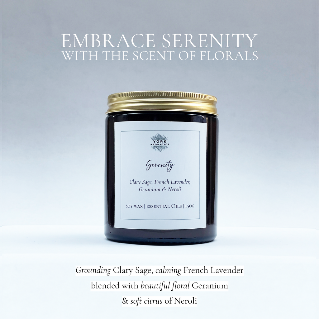 Candle with Clary Sage, French Lavender, Geranium and Neroli essential oils.