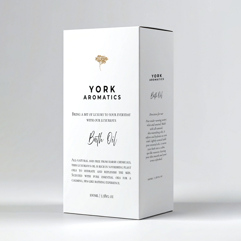 York Aromatics bath oil packaging Advertisement for bath and shower oil from York Aromatics with premium natural Ingredients.