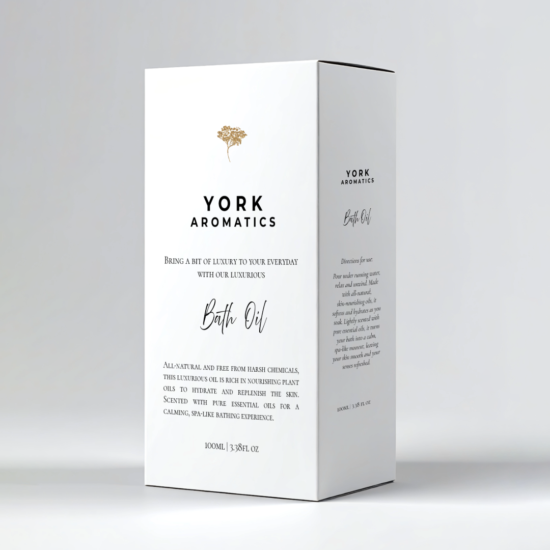 York Aromatics bath oil packaging Advertisement for bath and shower oil from York Aromatics with premium natural Ingredients.