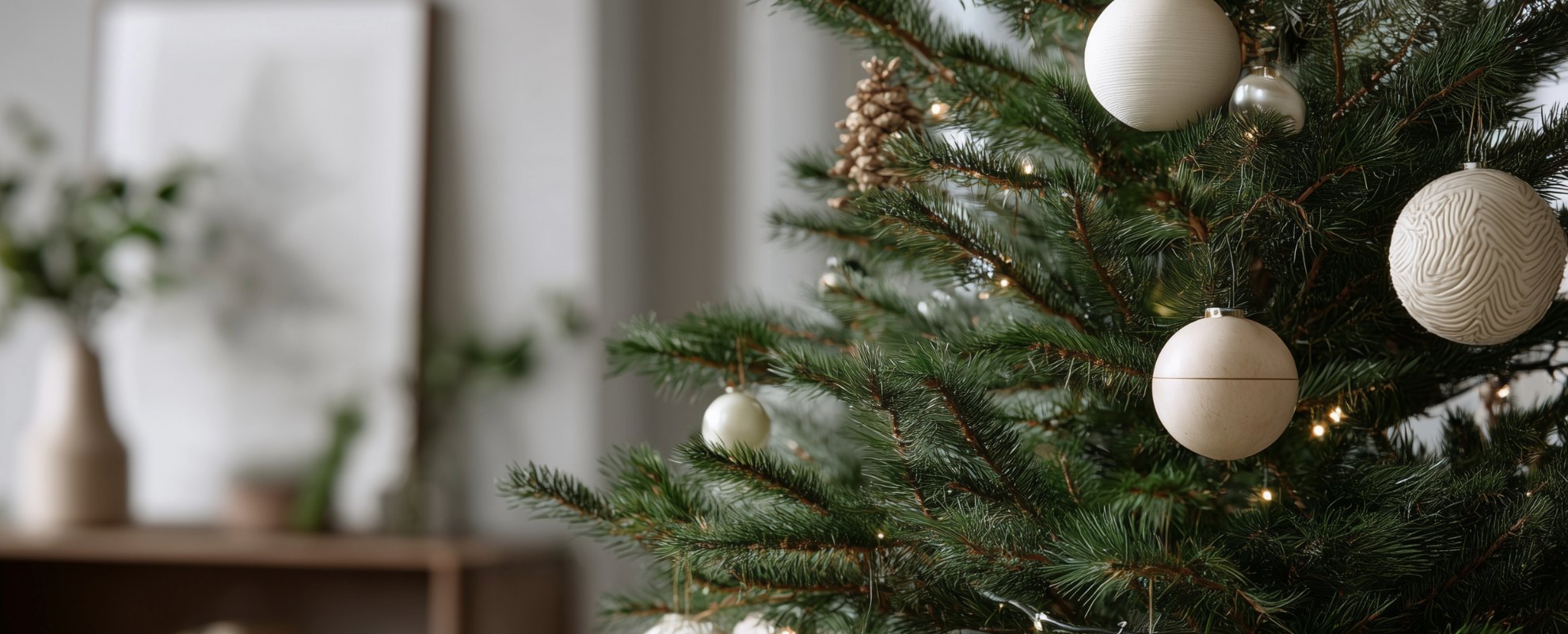 A Christmas tree decorated with white baubles and soft fairy lights in a calm, pale room